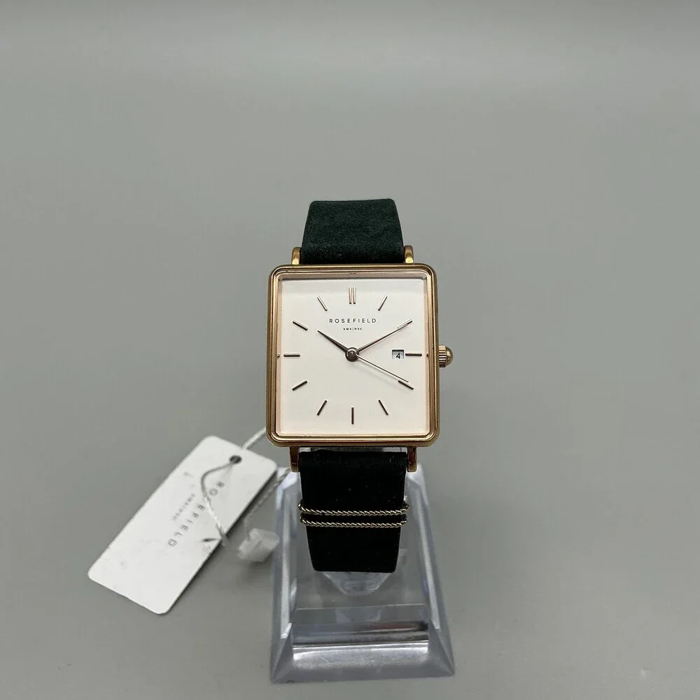 Rosefield Womens Watch 26mm White Dial Rose Gold Green Leather Date Quartz